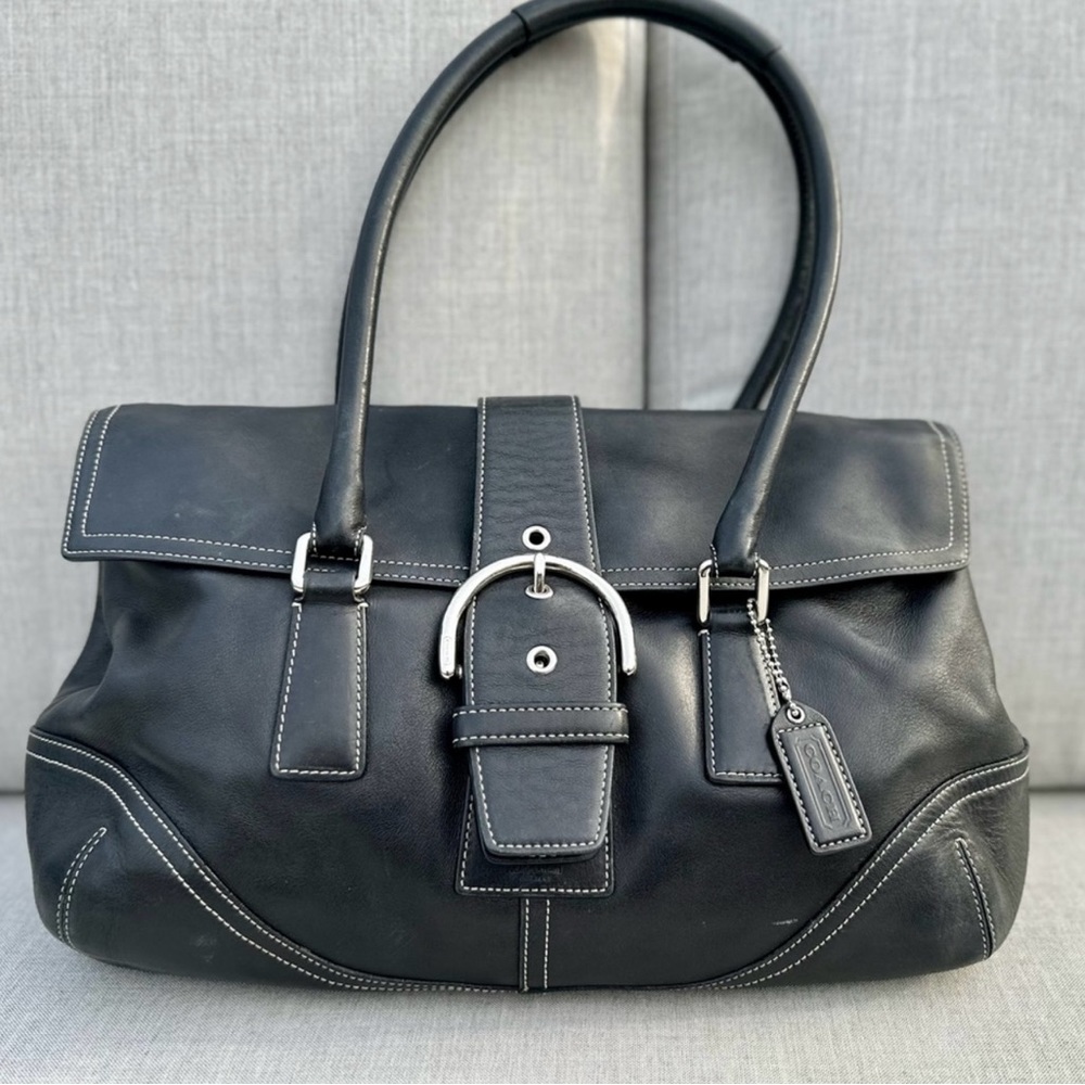 Coach Vintage Leather Hampton Soho Handbag Black with White Stitching